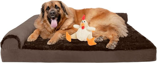 FurHaven Orthopedic Dog Bed & goDog Toy - Squeaky Plush Fat Rooseter with Chew Guard Technology for Large Dogs - Plush & Velvet L Shaped Chaise - Sable Brown, Jumbo Plus/XXL by FurHaven