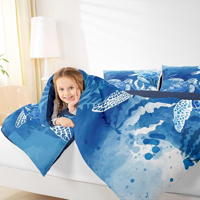 Homewish Sea Turtle Comforter Set Queen, Octopus Seaweed Silhouette Bedding for Room Decor, Navy Blue Tie Dye Quilt Undersea Animals Plants Duvet Insert 3pcs with 2 Pillowcases - Image 7