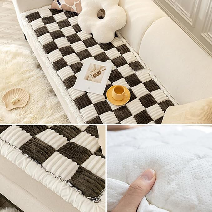 Fluffy Couch Cover for Pets - Large Cream-Coloured Fuzzy Plaid Square Pet Mat Bed Couch Cover Protector - Gray, 23.6 * 23.6in - Image 4
