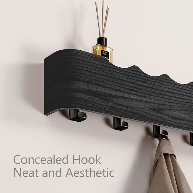 Wall Mounted Coat Rack with Shelf, Wooden Entryway Organizer with Hidden Metal Hooks for Hanging Coats Bags Keys, Modern Floating Shelf for Hallway Bathroom - Image 4