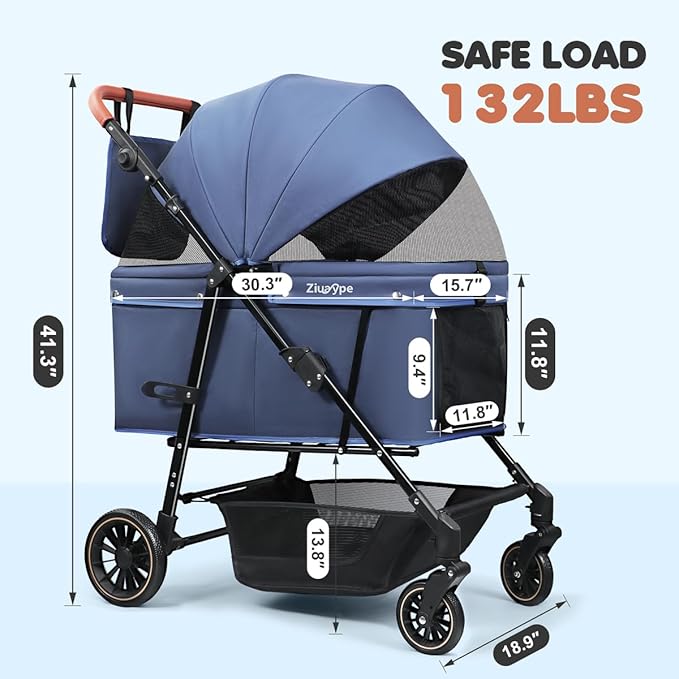 Dog Stroller for Large & Medium Dogs (20–132 lbs), Pet Stroller for 2 Small Dogs, Cat Strollers for 2 Cats, Extra Large Heavy Duty, Foldable & Fully Ventilated Design, Blue