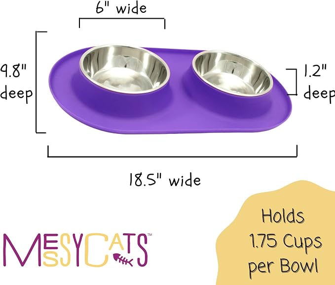 Messy Cats Double Silicone Feeder, Stainless Bowls, 1.75 Cup, Purple | Non-Slip Silicone Double Cat Feeder With Two Removable Stainless Steel Saucer Bowls For Food And Water - Image 3