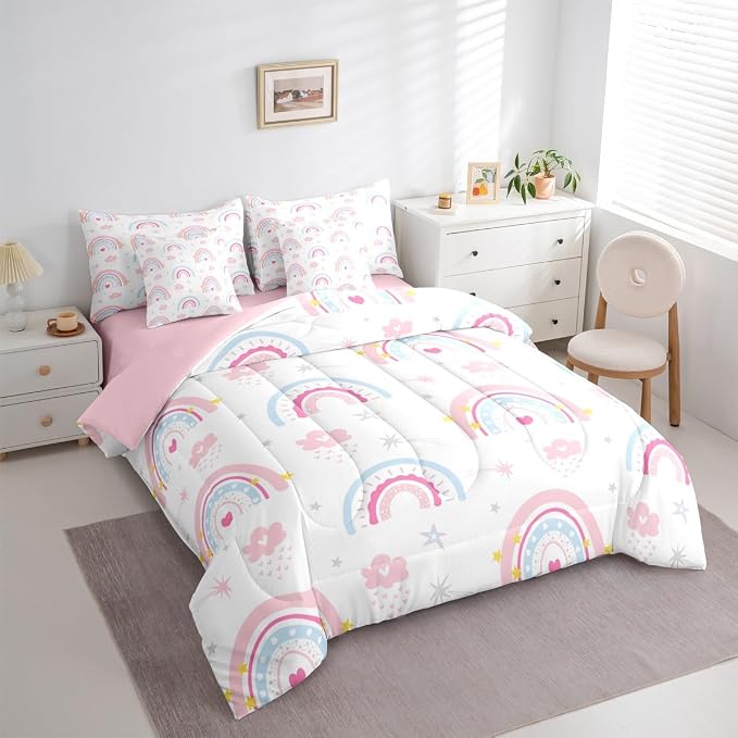 Feelyou Cute Rainbow 7 Piece Bedding Set Pink Blue Comforter Set with Sheets for Kids Boys Girls Star Print Bed in a Bag Cartoon Cute Bed Set Soft Lightweight - Image 3