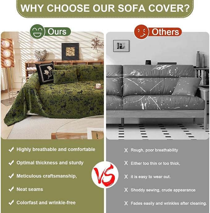 ROOMLIFE Green Couch Cover Sofa Covers, Chenille Couches Covers for 3 Cushion Sofas, Non Slip Soft Breathable Sofa Slipcovers for Pet, Washable Furniture Protector with Tassel,71''X134” - Image 3