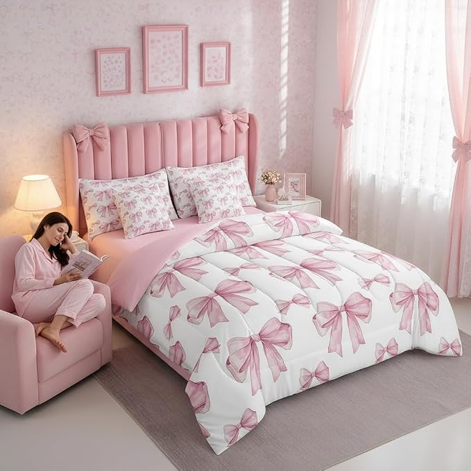Erosebridal 7 Piece Pink Bowknot Kids Comforter Set Queen Bed in a Bag,Dreamy Princess Style Kids Girls Bedding Set for Women,Girly Bow Tie Bed Set,Romantic Valentine's Day Sheet Set Reversible Quilt - Image 6