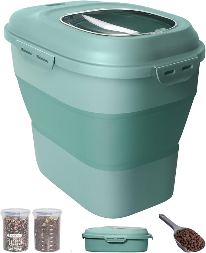 30-35Lbs Dog Food Storage Container Airtight,Collapsible Dog Food Container | Large Pet Food Storage Container with Double Airtight Seal & Magnetic Lid,Cat Food Container with Wheels,2Pcs Container,Scoop by DDMOMMYCOLLAPSIBLEFOODSTORAGECONTAINERFAMILY