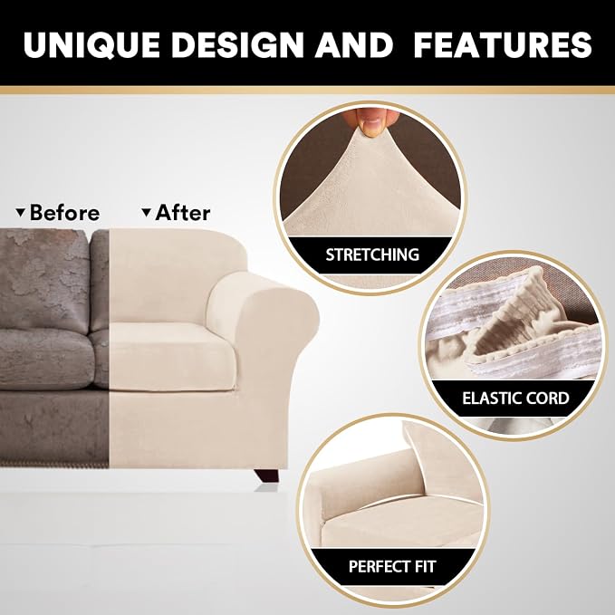 PrinceDeco Velvet Couch Covers for Sofa Soft 4 Pieces Couch Covers for 3 Cushion Couch Sofa Pet Friendly Furniture Protector with Non Slip Elastic Bottom Width Up to 90 Inch (Large, Cream) - Image 5
