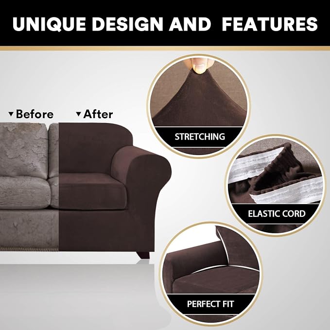 PrinceDeco Velvet Couch Covers for Sofa Soft 4 Pieces Couch Covers for 3 Cushion Couch Sofa Pet Friendly Furniture Protector with Non Slip Elastic Bottom Width Up to 90 Inch (Large, Brown) - Image 3