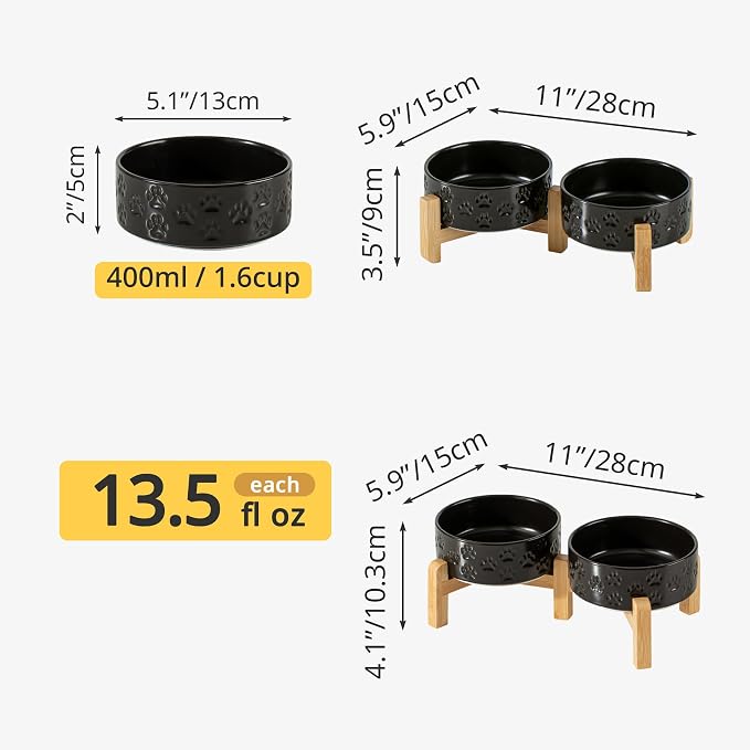 Elevated Ceramic Dog Bowl Set, Anti-Skid Bamboo Stand, Black, 5.1 inch | Food and Water Bowls with Fixed Non-Slip Rubber Ring, Microwave Safe, Easy to Clean, 1.6 Cup per Bowl, for Small-Breed Puppy - Image 3
