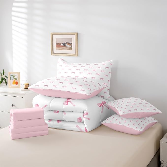 Erosebridal 7 Pieces Pink Bow Comforter King,Kids Cartoon Bowknot Butterfly Knot Princess Bedding Set for Girls,Dreamy Watercolor Ribbons Bow Tie Sheets with Pillowcases + Pillow Covers,Pink White - Image 6
