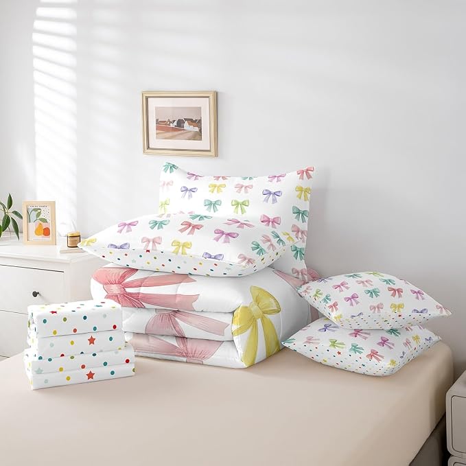 Erosebridal 7 Piece Bowknot Kids Comforter Set Queen Bed in a Bag,Cartoon Rainbow Bowknot Bedding Set for Kids Children Teens,Geometric Bow Tie Duvet Insert,Kawaii Princess Style Sheet Set Room Decor - Image 6