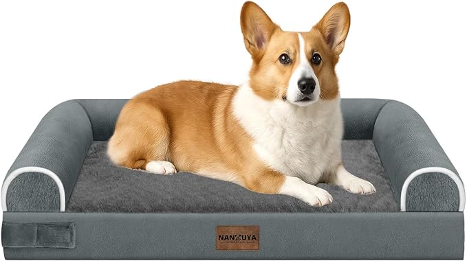 NANUYA Orthopedic Dog Bed for Medium Dogs, 30 x 20 Inch, Dark Grey | Egg crate foam for joint support, 3-sided bolster pet sofa, waterproof lining, washable cover, and non-skid base by Nanuya