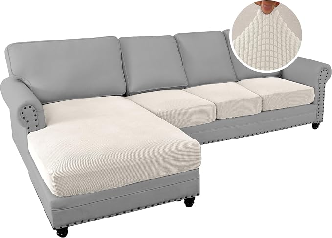 H.VERSAILTEX Sectional Couch Covers 4 Pieces Sofa Seat Cushion Covers L Shape Separate Cushion Couch Chaise Cover for Both Left/Right Sectional Couch (Seat Only: 1 Chaise + 3 Sofa, Ivory) - Image 2