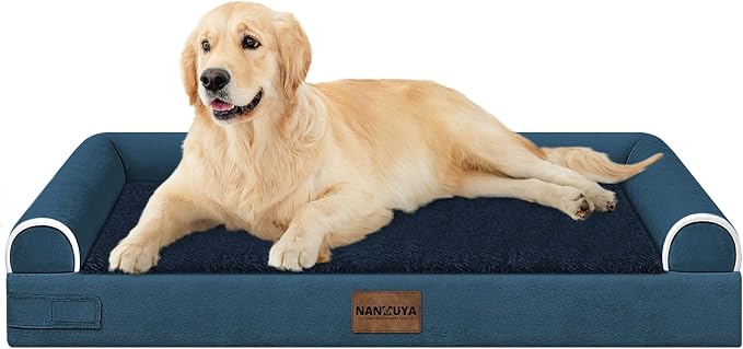 NANUYA Orthopedic Dog Bed for Large Dogs, 36 x 27 Inch, Navy Blue | Egg crate foam for joint support, 3-sided bolster pet sofa, waterproof lining, washable cover, and non-skid base by Nanuya