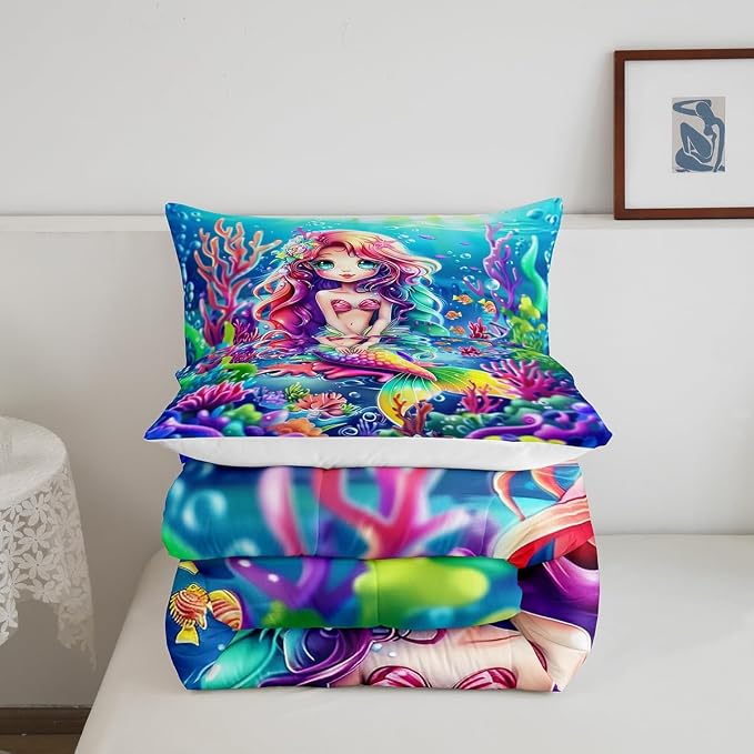Manfei Mermaid King Size Comforter Set 3 Pcs,Watercolor Ocean Animal Dreamy Fairy Tale Bedding Set,Undersea Colorful Coral Neon Mermaid Scale Ultra Soft Microfiber Inner Fill Comforter - Image 5