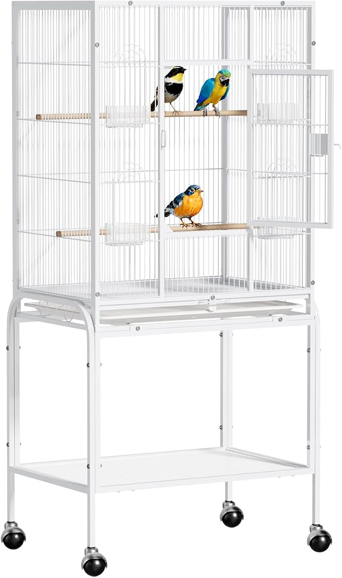 VINGLI 53-inch Bird Cage with Wheels, Durable Wrought Iron Parakeet Cage with Slide Out Tray, Black Bird Cages for Parakeets/Lovebird/Cockatiels/Budgies and Other Small/Medium Birds (White, 53 inch) by VINGLI