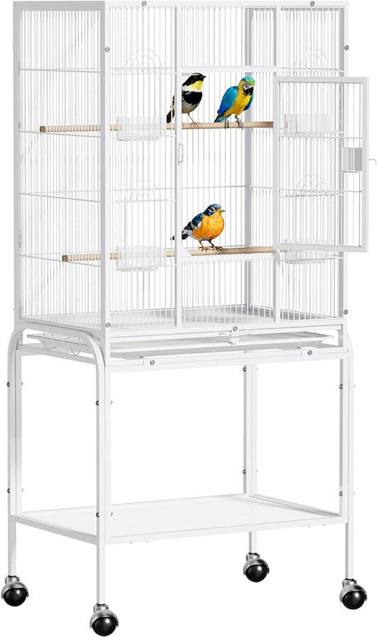 VINGLI 53-inch Bird Cage with Wheels, Durable Wrought Iron Parakeet Cage with Slide Out Tray, Black Bird Cages for Parakeets/Lovebird/Cockatiels/Budgies and Other Small/Medium Birds (White, 53 inch) by VINGLI