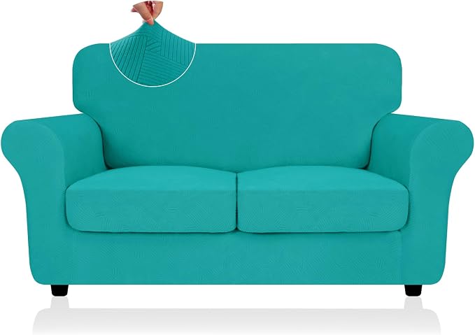 ZNSAYOTX 3 Piece Stretch Loveseat Covers (55"-69"), Thick Striped Sofa Covers for 2 Cushion Couch with Elastic Band Bottom Ties Non-Slip Stay in Place, Soft Durable Love Seat Slipcovers, Peacock Teal by ZNSAYOTX