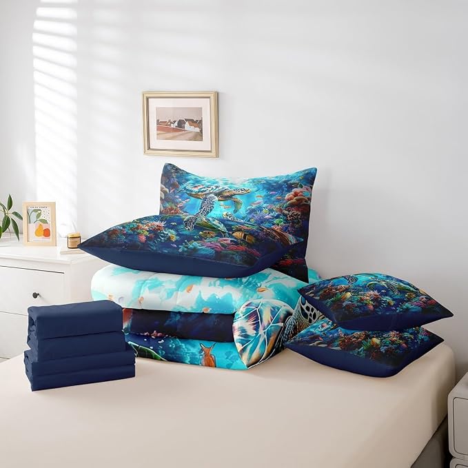 Erosebridal Kids Turtle King Size 7-Piece Bedding Set, Reptile Bed in A Bag, Sea Animals Comforter Set with Sheets, Underwater World Fish Bedding Comforter Sets - Image 5