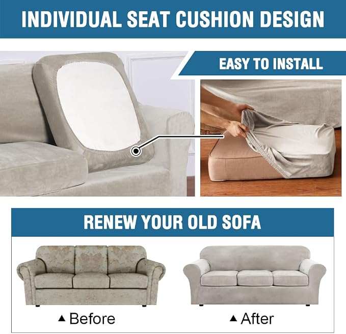 H.VERSAILTEX Rich Polyester Spandex Blend 2 Piece Cover Chair Slipcover Sofa Cover Furniture Protector Couch Soft with Elastic Bottom Chair Couch Cover with Arms Width Up to 49 Inch(Chair, Oatmeal) - Image 5