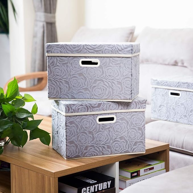 PRANDOM Foldable Storage Bins with Lids [5-Pack] Fabric Decorative Storage Box Cubes Organizer Containers Baskets with Cover Handles Divider for Bedroom Closet Living Room Grey 14.9x9.8x9.8 Inch - Image 2