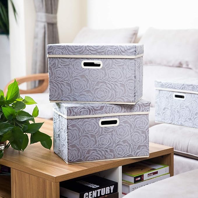PRANDOM Foldable Storage Bins with Lids [5-Pack] Fabric Decorative Storage Box Cubes Organizer Containers Baskets with Cover Handles Divider for Bedroom Closet Living Room Grey 14.9x9.8x9.8 Inch - Image 2