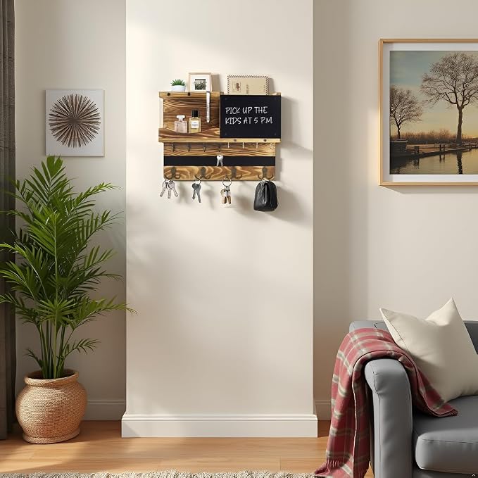 Key Holder for Wall Mount with Shelf and Mail Organizer, Key and Mail Holder with 16 Hooks, Farmhouse Entryway Organizer, Home Decor Rack(Pine Wood, Wood Color) - Image 6