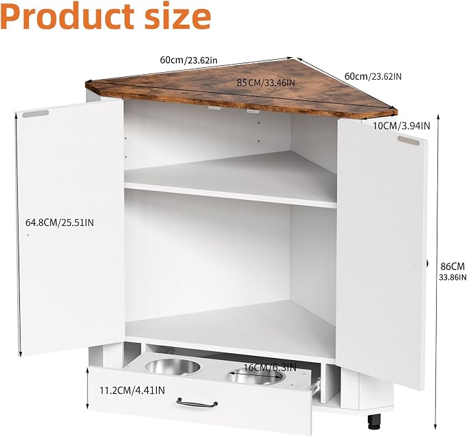 PakaLife Farmhouse Dog Food Storage Corner Cabinet, Dog Feeding Station with 2 Hidden Bowls, Adjustable Panel, 4 Hooks, Pet Feeding Station Corner Cabinet for Medium, Small Sized Dogs - Image 2