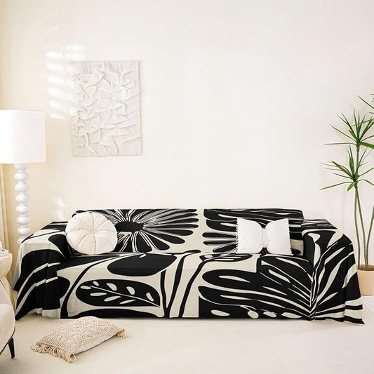 Erosebridal Boho Floral Couch Cover 71" X 134" Black Flower Sofa Cover Vintage Abstract Floral Leaves Couch Protector Aesthetic 70S Modern Sofa Protector for Cushion Couches Sofas, Washable Non Slip by Erosebridal