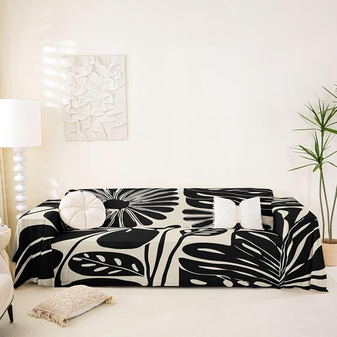 Erosebridal Boho Floral Couch Cover 71" X 150" Black Flower Sofa Cover Vintage Abstract Floral Leaves Couch Protector Aesthetic 70S Modern Sofa Protector for Cushion Couches Sofas, Washable Non Slip by Erosebridal