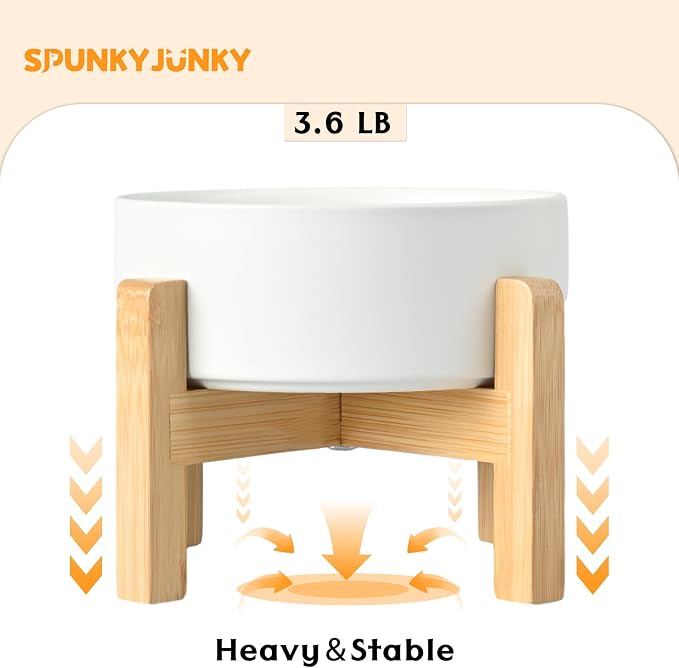 SPUNKYJUNKY Ceramic Elevated Dog Bowls 2 Pack - 8.3inch Raised Dog Bowls with Non-Slip Wooden Stand for Large Dogs Dishwasher Safe(White,60OZ*2) - Image 6