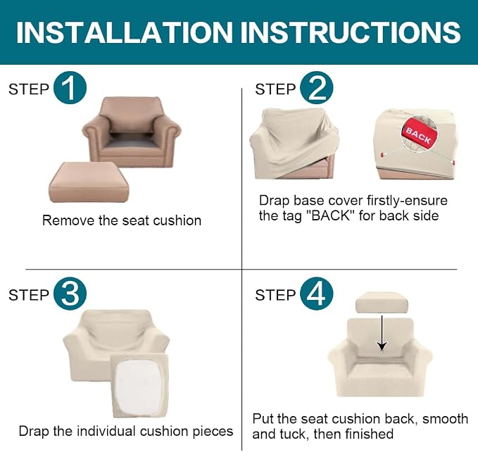 Turquoize 2 Piece Chair Covers for Living Room Armchair Couch Cover with Individual Cushion Covers Furniture Cover for Chairs (Chair,BiscottiBeige) - Image 7