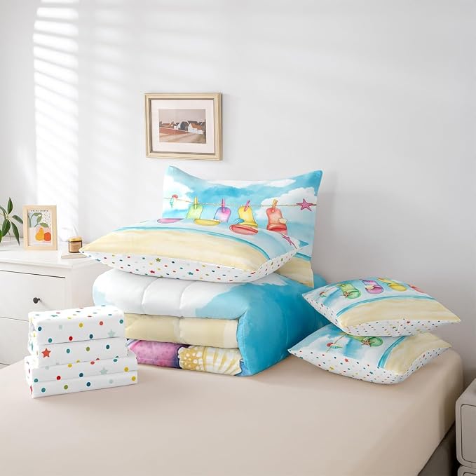 Erosebridal Summer Beach King Size Comforter Set with Sheets, Colorful Flip-Flop Bed in A Bag, Summer Seaside Hawaii 7 Pcs Bedding Set, Watercolor Sea Waves Bed Sets for Kids Boys Girls Teens Adults - Image 5