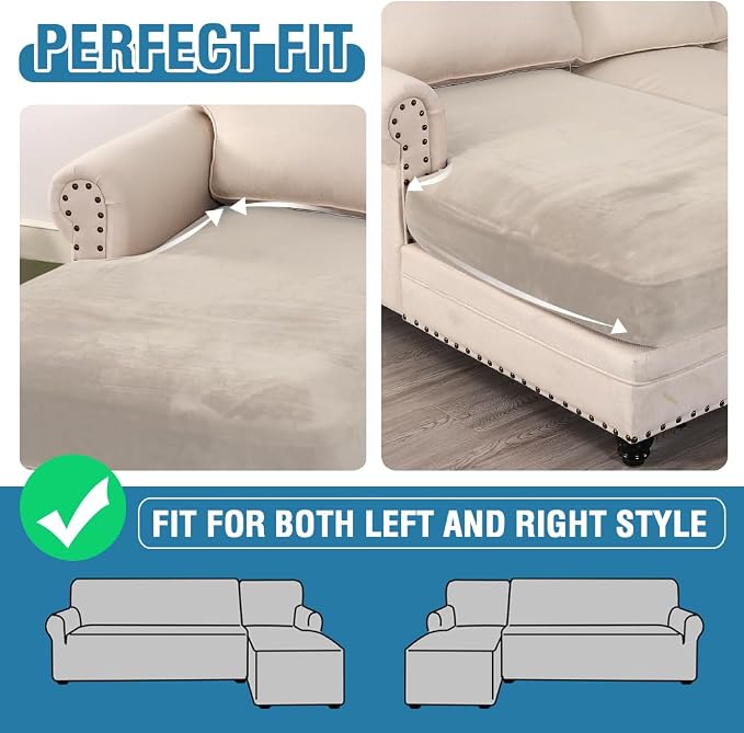 H.VERSAILTEX Velvet Stretch Individual Chaise Cover Sectional Couch Covers for L Shaped Sofa Both Left/Right Furniture Protector Seat Cushion Sofa Cover (1 Piece Chaise Cover, Oatmeal) - Image 6