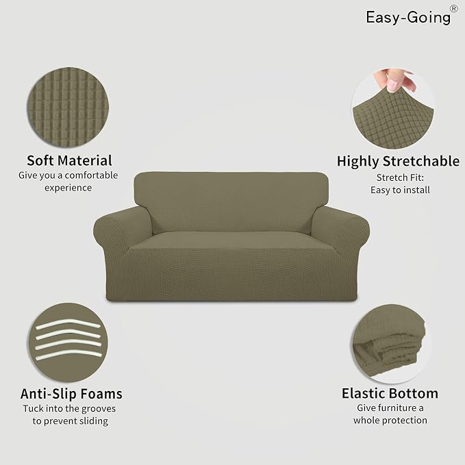 Easy-Going Stretch Oversized Loveseat Couch Covers Washable Khaki | 1-Piece Large Loveseat Cover for 2 Cushion Couch Furniture Protector RV Sofa Slipcover Soft with Bottom for Kids Pets - Image 3
