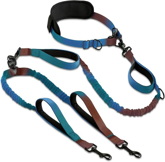 SparklyPets - Hands Free Dual Dog Leash for Medium and Large Male Dogs - Padded Handles, Reflective Stitches, No Pull, Tangle Free - Walking, Hiking, Jogging, Canicross Waist Leash - Gradient Blue by SparklyPets
