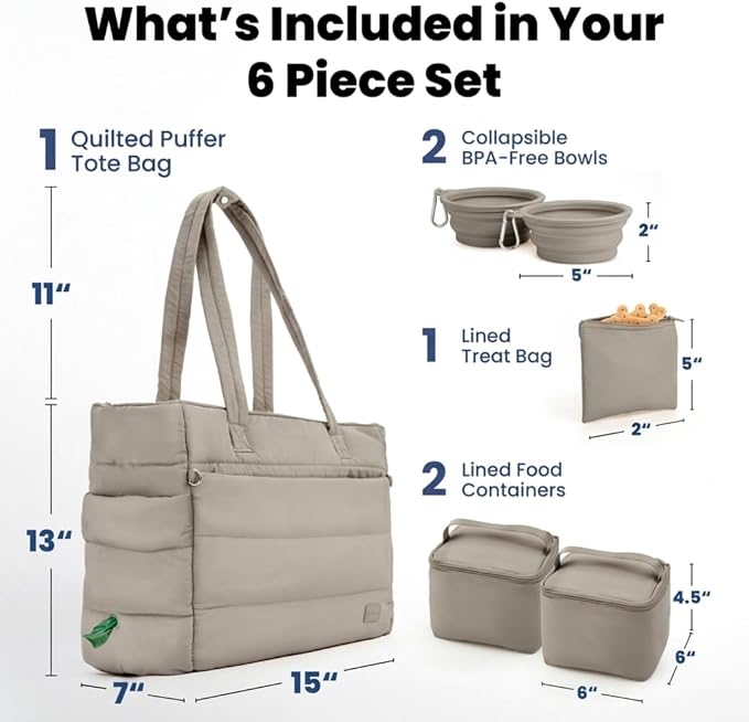 Rubyloo Puffer Dog Travel Bag for Dog Moms, Diaper Bag with Travel Bowls | 2 BPA-Free Collapsible Bowls, 2 Pet Food Containers, 9 Pockets, Everyday Puffer Bag Works With or Without Your Dog, Khaki - Image 3