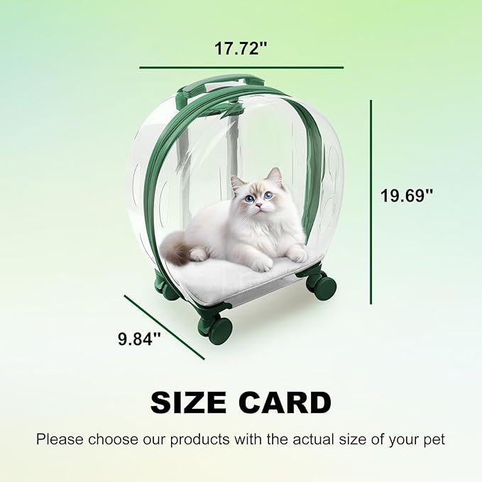 Pet Carrier with Wheels - Transparent PC Material, Sturdy and Breathable Design, Convenient Handle, Suitable for Cats and Dogs (Green)
