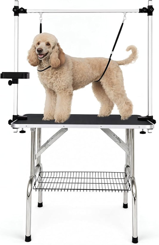 36" Foldable Dog Grooming Table with Adjustable H-Frame Arm & 2 Nooses, Heavy-Duty Stainless Steel Frame, Non-Slip Top, Tool Caddy and Mesh Tray, Black by BaoheDC