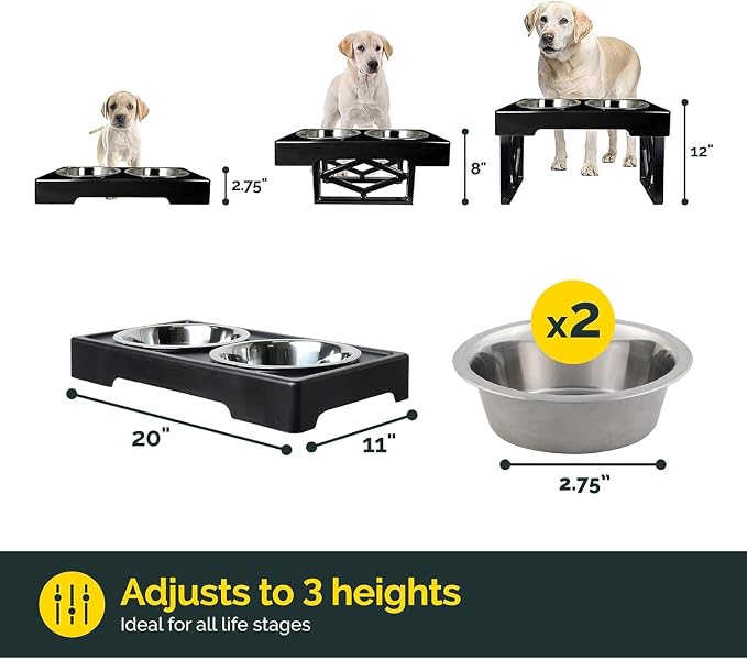 Pet Zone Designer Diner Elevated Stainless Steel Dog Bowls Set, 3 Heights | Raised stand adjusts 2.75, 8 and 12 inches, suits small, medium and large breeds, food and water dishes included in bundle - Image 3