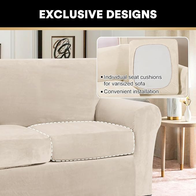 PrinceDeco Velvet Couch Covers for Sofa Soft 4 Pieces Couch Covers for 3 Cushion Couch Sofa Pet Friendly Furniture Protector with Non Slip Elastic Bottom Width Up to 97 Inch (Large Sofas, Ivory) - Image 4