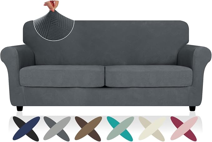 ZNSAYOTX 3 Piece Stretch Sofa Covers (71"-91") for 2 XL Cushion Couch, Thick Striped Sofa Cover with Elastic Band Bottom Ties Non-Slip Stay in Place, Soft Durable Couch Slipcovers, Dark Grey by ZNSAYOTX