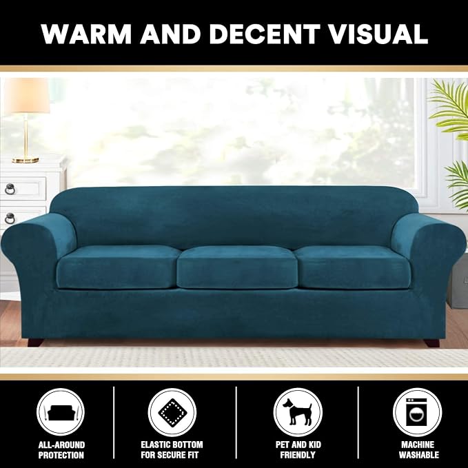 PrinceDeco Velvet XL Couch Cover for Oversized Sofa 4 Piece Sofa Covers for 3 Cushion Couch Washable Furniture Protector with Non Slip Elastic Bottom Width Up to 105 Inch(X-Large, Deep Teal) - Image 6