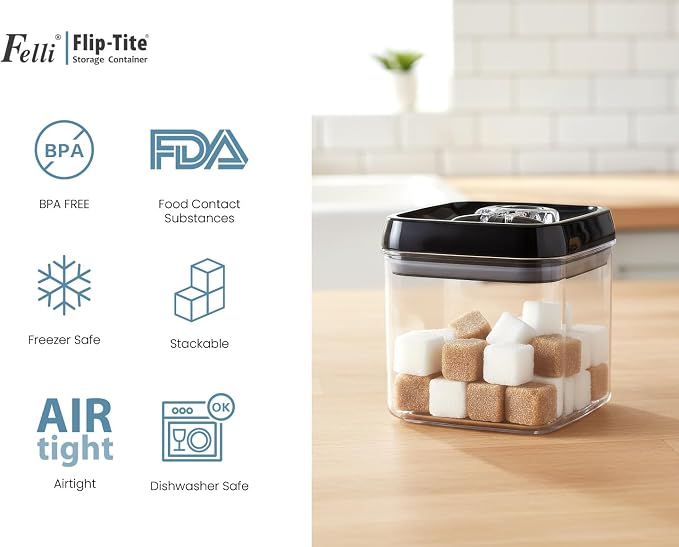 Felli Flip Tite Food Storage Container 5" LARGE Size Airtight Lid Lock Top, Stackable Kitchen Canister for Space Saving, Pantry Fridge Cupboard Organizer, Spice Seasoning Pet Treats Snack (1.1 qt) - Image 8