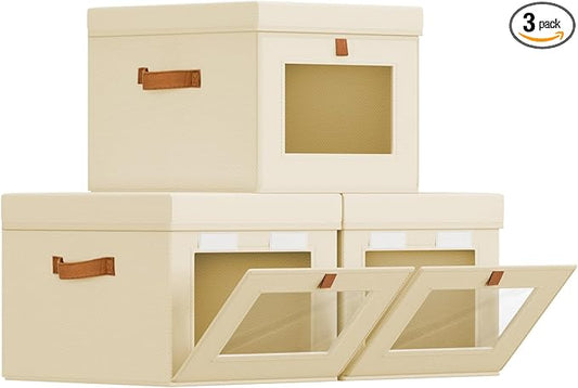 Homsorout Storage Bins with Lid – Closet Organizer with Side Opening and Clear Window, Foldable Stackable Fabric Basket for Clothes Storage, Bedroom, Nursery, Office, 3 Pack, Beige by Homsorout