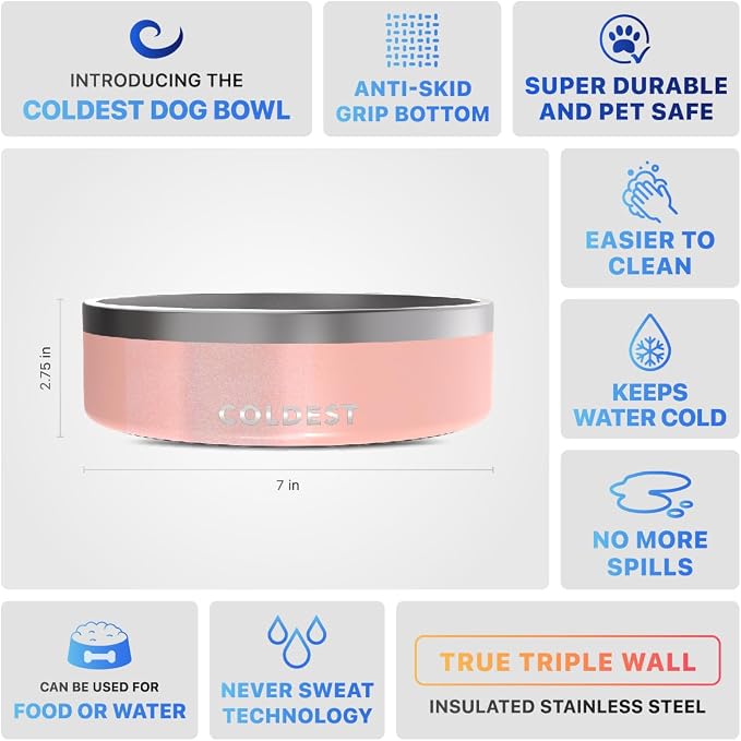 Coldest Dog Bowl - Anti Rust Metal, Non Slip, 3 Layers Insulated Stainless Steel Dog Bowls - Spill Proof & Heavy Duty - Water Bowl for Dogs, Cats & Pets, Dish Washer Safe (42 oz, Forever Pink Glitter) - Image 5