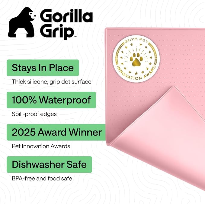 GORILLA GRIP 100% Waterproof Raised Edge BPA Free Silicone Pet Feeding Mat, Dog Cat Food Mats Contain Spills Protects Floors, Placemats for Cats and Dogs Water Bowl, Pets Accessories 23x15 Pink - Image 2