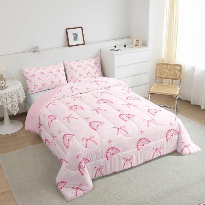 Manfei Pink Love Rainbow Comforter Set Twin Size,Princess Bow Ribbon Bow-tie Dreamy Bedding Set 2 Pcs for Girls,Kawaii Hearts Stars Watercolor Comforter,Pink Duvet Insert,1 Pillowcase - Image 5