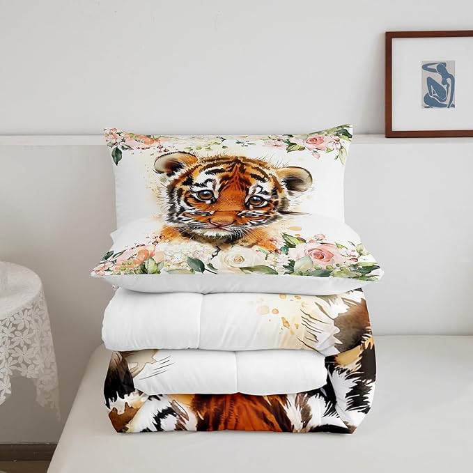 Manfei Cartoon Tiger Boys Kids Comforter Set Full Size,Watercolor Flowers Kawaii Baby Tiger Duvet Set Room Decor,Cute Wildlife Animal Brushed Microfiber Soft Bedding Comforter - Image 5