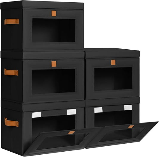 Homsorout Medium Fabric Storage Bins - Closet Shelf Organizer with Open Window, 5 Pack Closet Baskets for Shelves, Stackable Decorative Boxes for Home, Dorm, Black, 13.7" x 9.8” x 9.8" by Homsorout